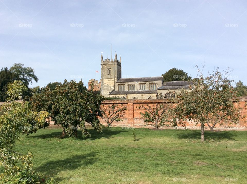 Landscape, orchard, apple trees, blue sky, church