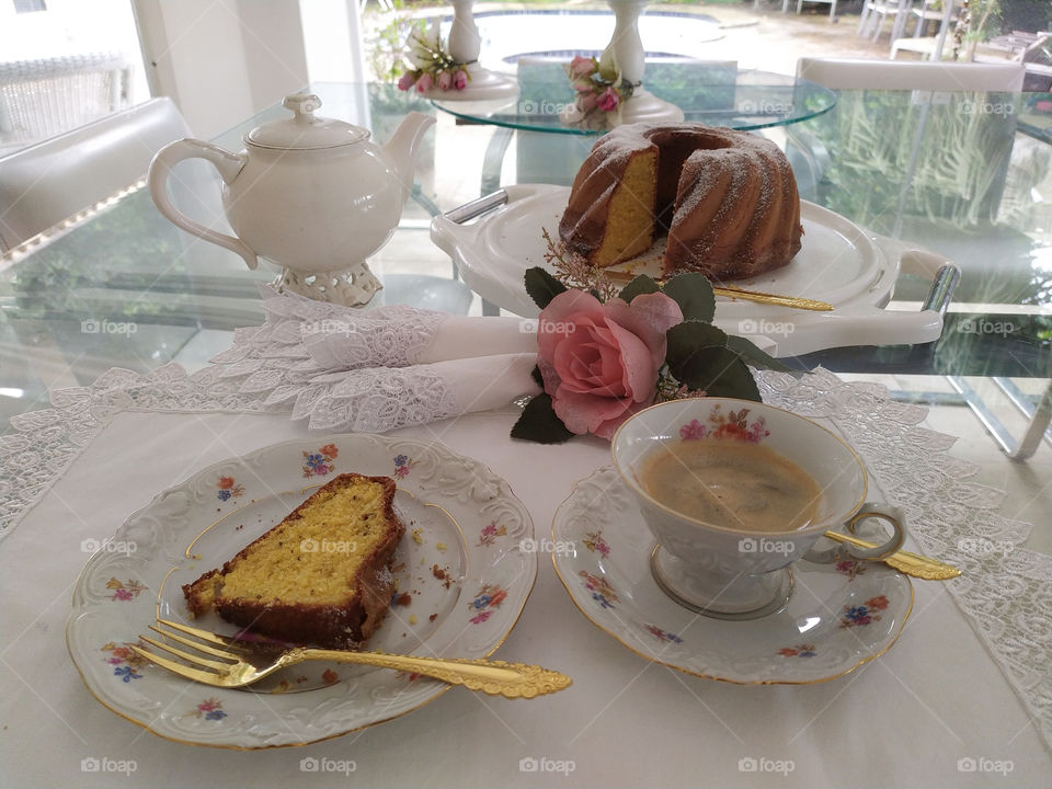 A delicious cake with a Black coffee in the morning
