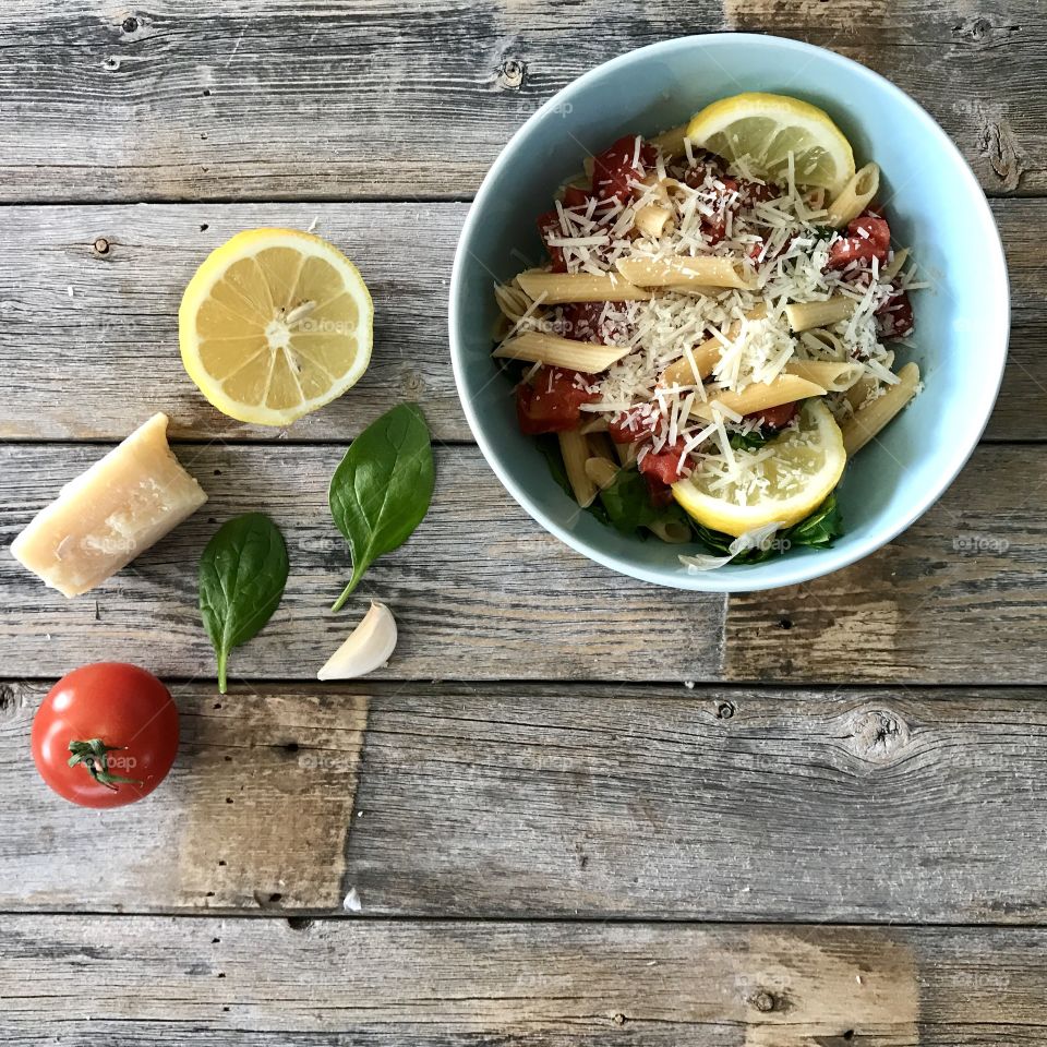 High angle view of pasta in bowl