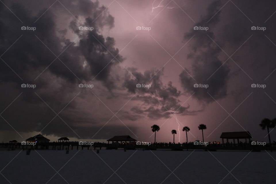 Thunderstorm with lightning on Clearwater Beach Florida, stormy weather 