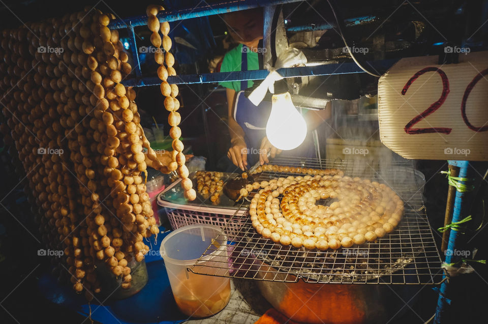 Pork sausage ball street vendor in Chiang Mai, Thailand 