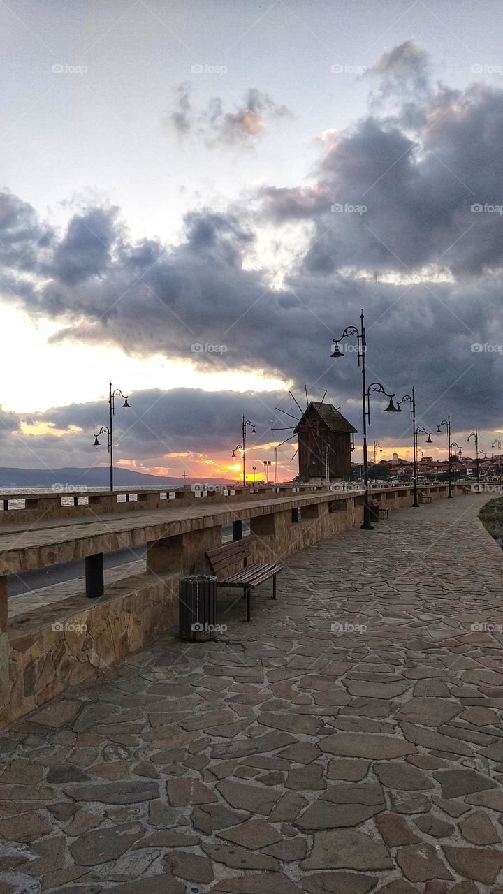 Sunrise on the embankment of Nessebar Bulgaria