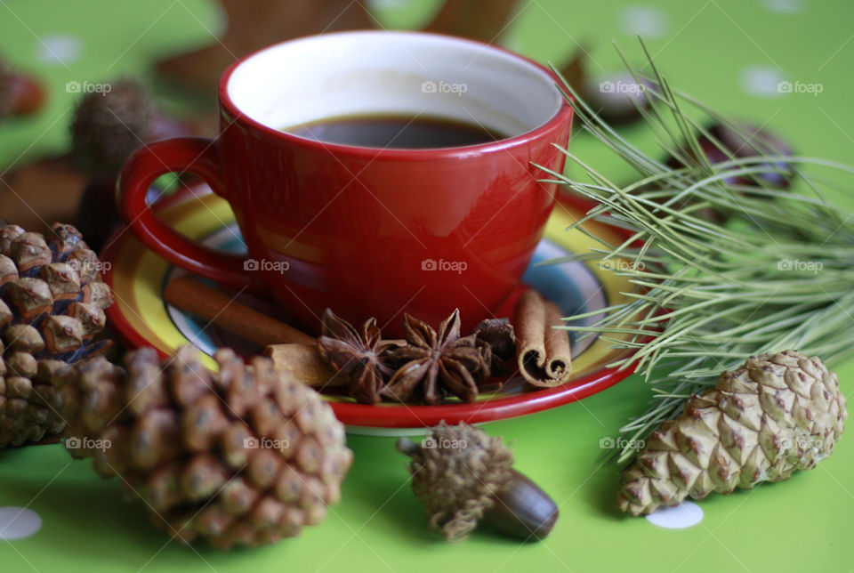 Autumn still life, a cup of coffee