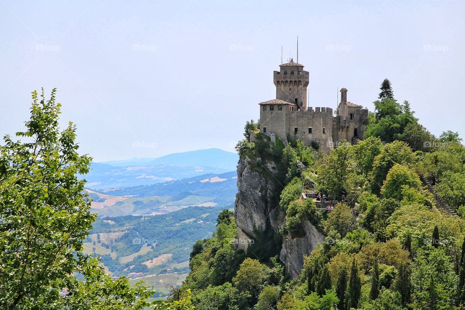 San Marino city tower at the top of mount titano in the medieval city of San Marino republic