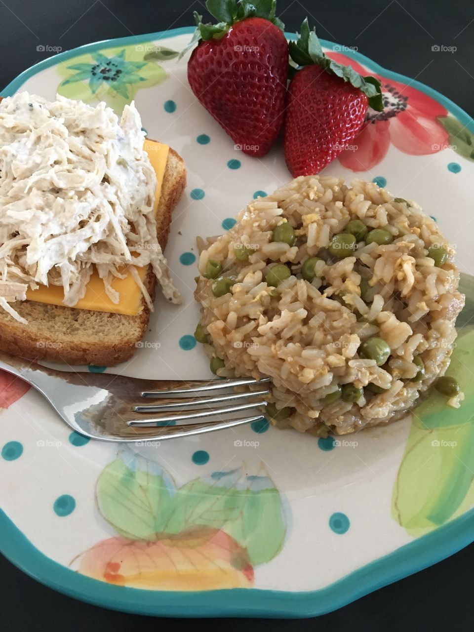 Fried Rice, Open Faced Chicken Salad and Strawberries 