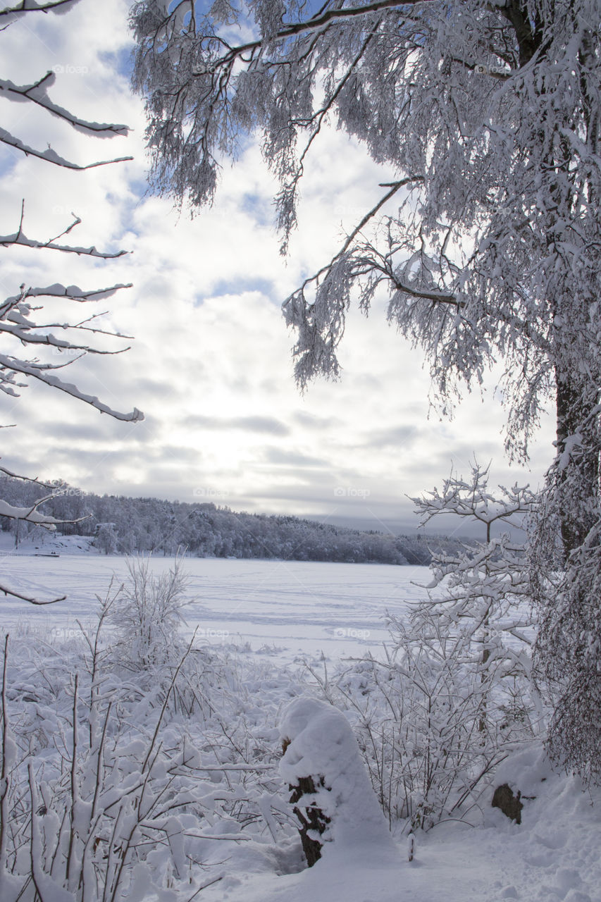 Lots of snow - view over frozen lake