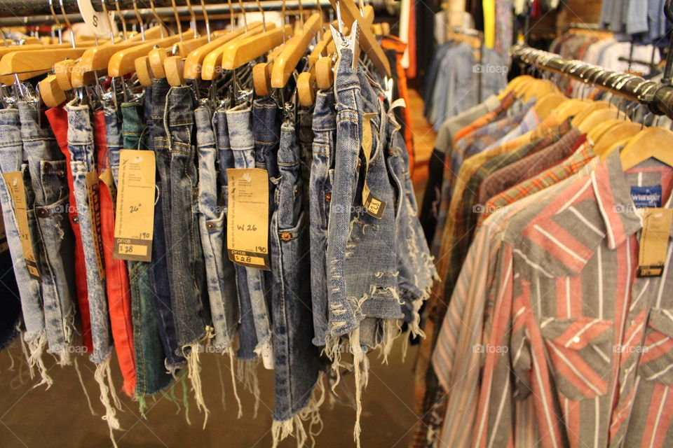 Vintage clothing, denim shorts, button down shirts, vintage store, thrifted, thrifting, fashion