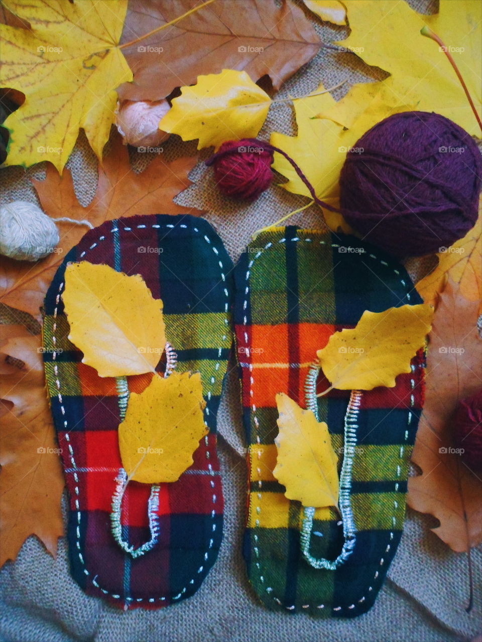 warm homemade slippers with their hands on the background of autumn leaves