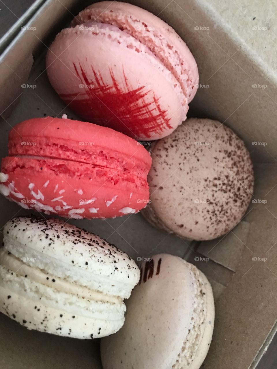 Close-up of macaroons in box