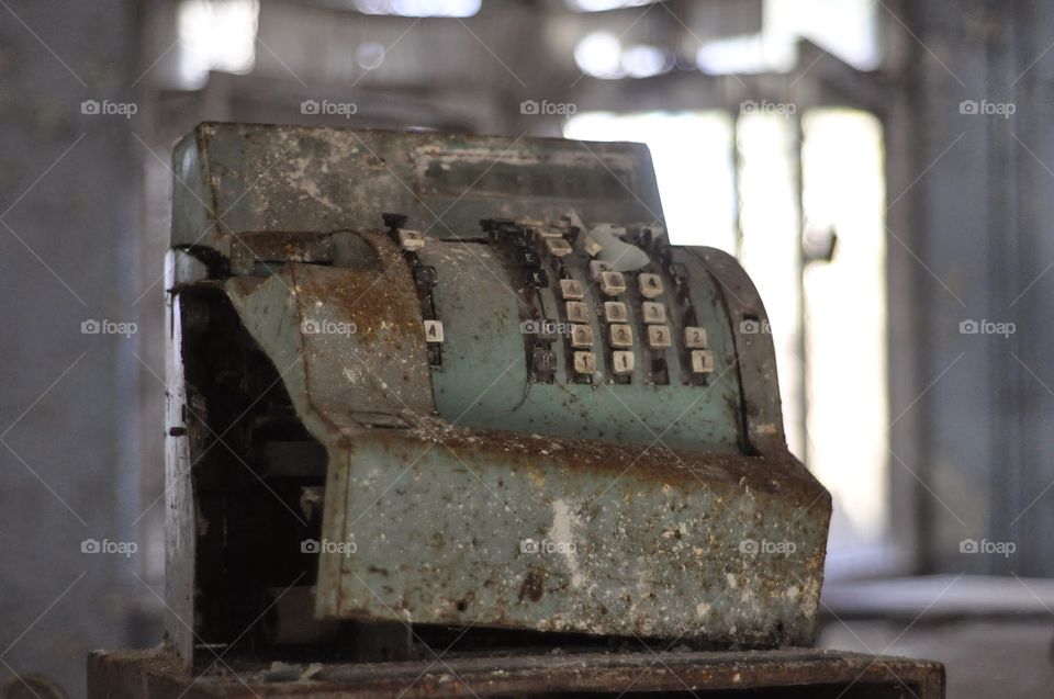 Old abandoned cash register. Abandoned school in Pripyat, Chernobyl Exclusion Zone, Ukraine