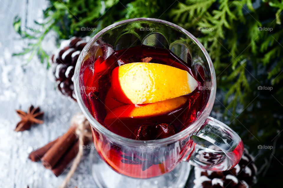 Close up of mulled wine with orange
