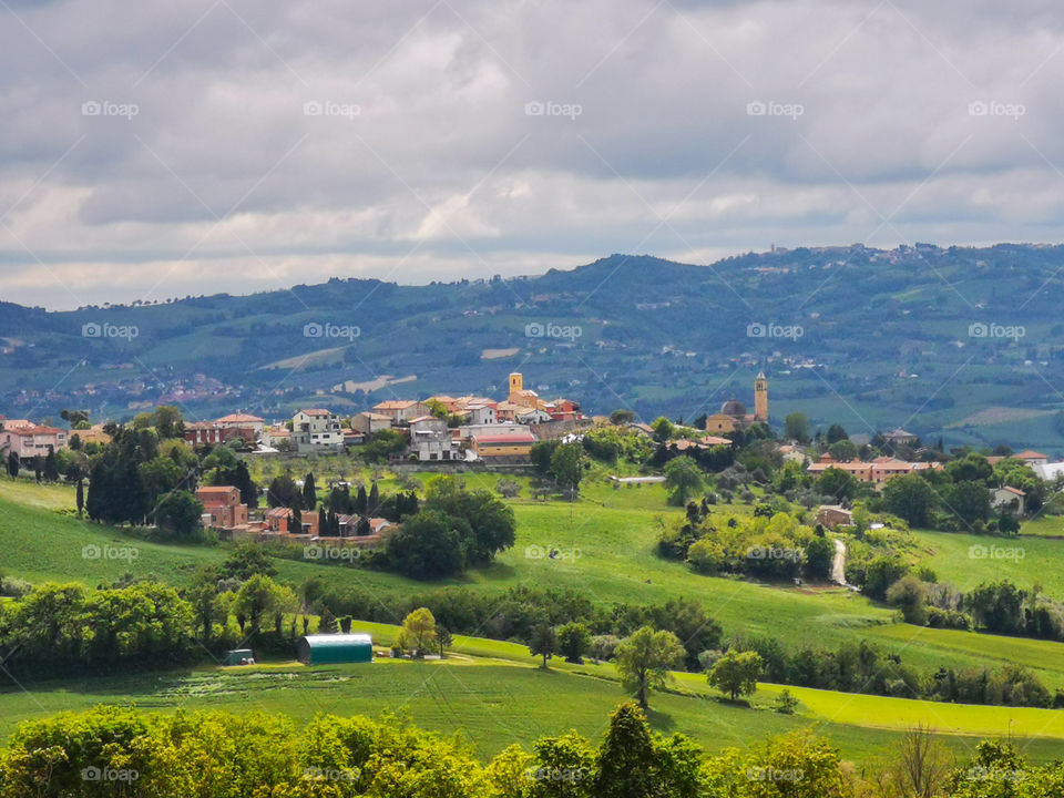 The view of the villages on the mountain in Tavullia, Italy.
