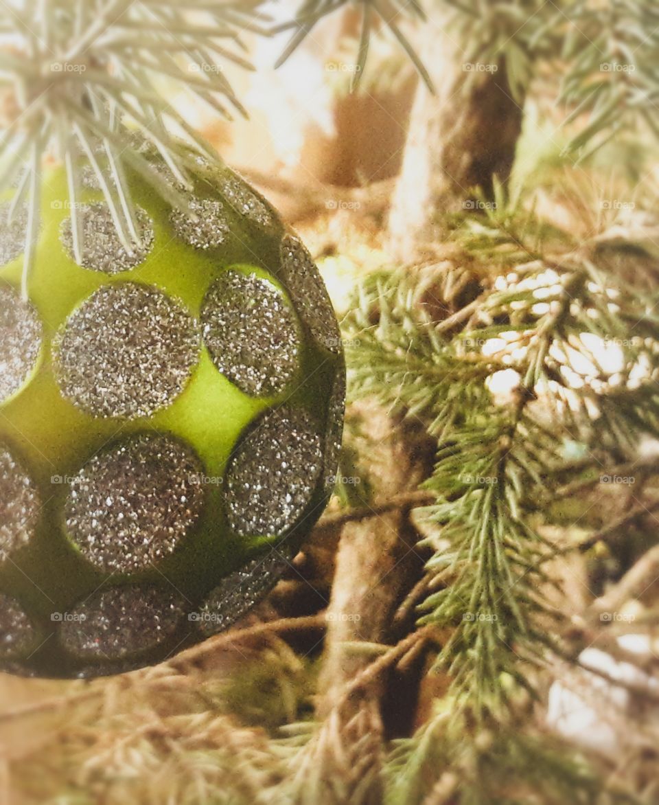 Rustic Christmas. Green sparkly polka dot ornament.