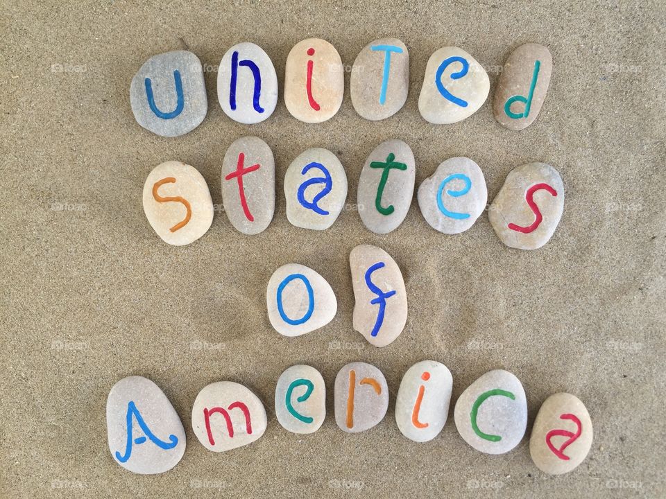 United States of America . USA, United States of America, country name on carved and colored stone letters