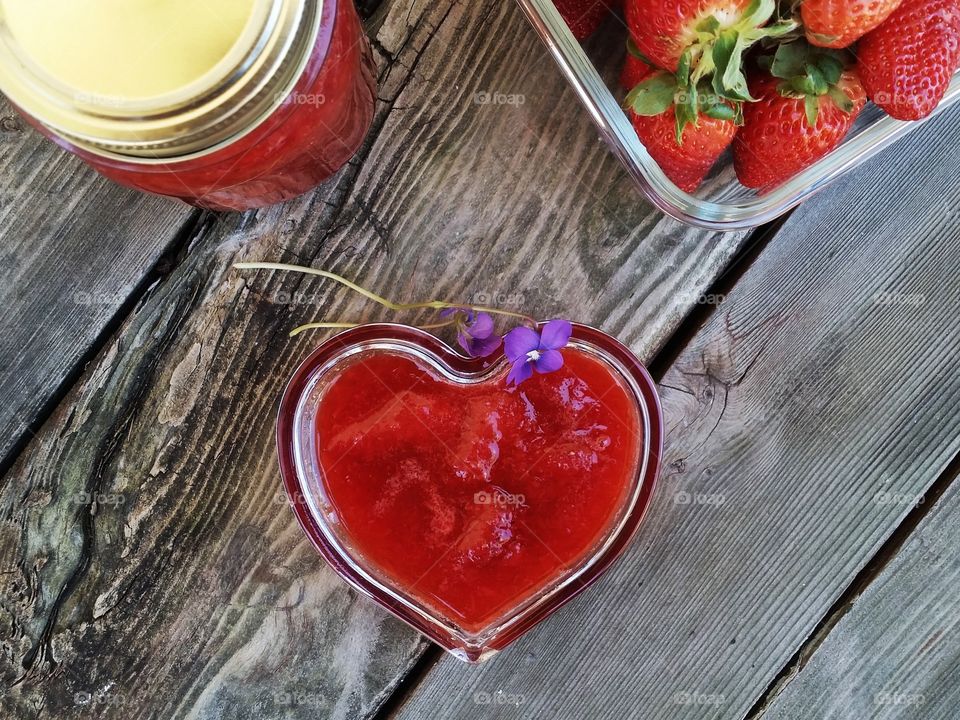 High angle view of strawberry jam on table