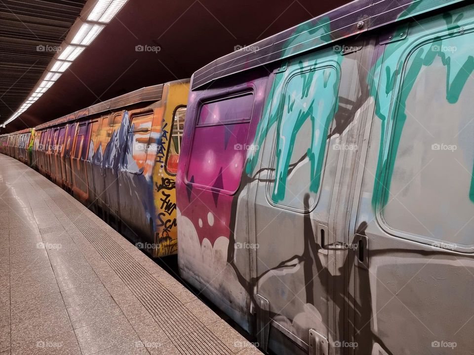 Graffiti painted on a subway train in Bucharest, Romania