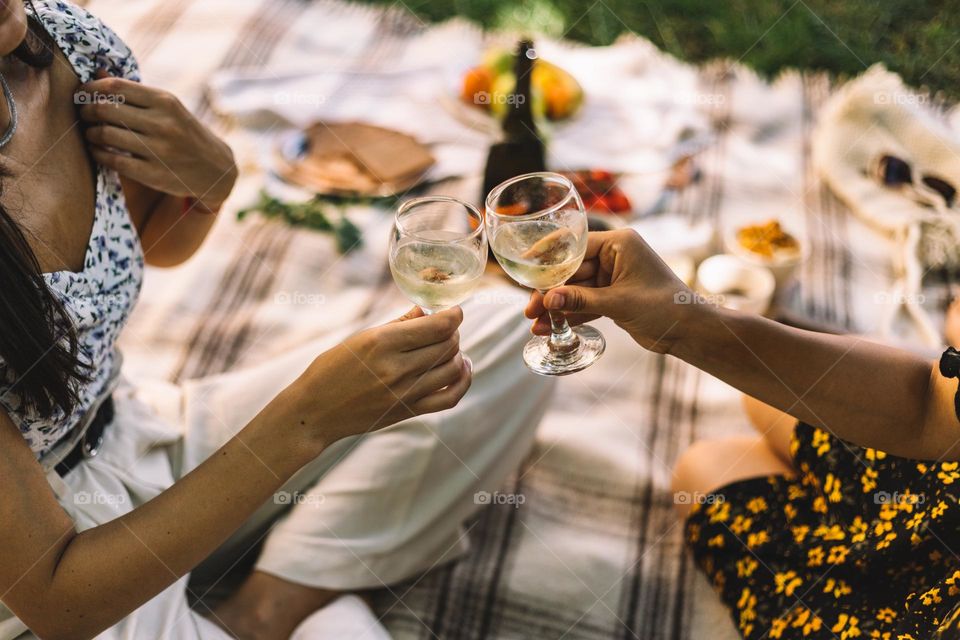 Two women having a glass of white whine while sitting in the garden, enjoying a summer picnic with fresh fruits, vegetables, bread and cheese.