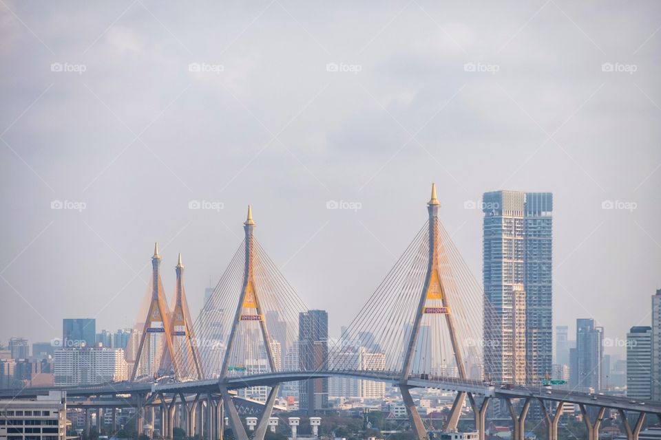 Traffic situation on the Bhumibol Bridge 2 when almost of company start work from home campaign in Bangkok Thailand