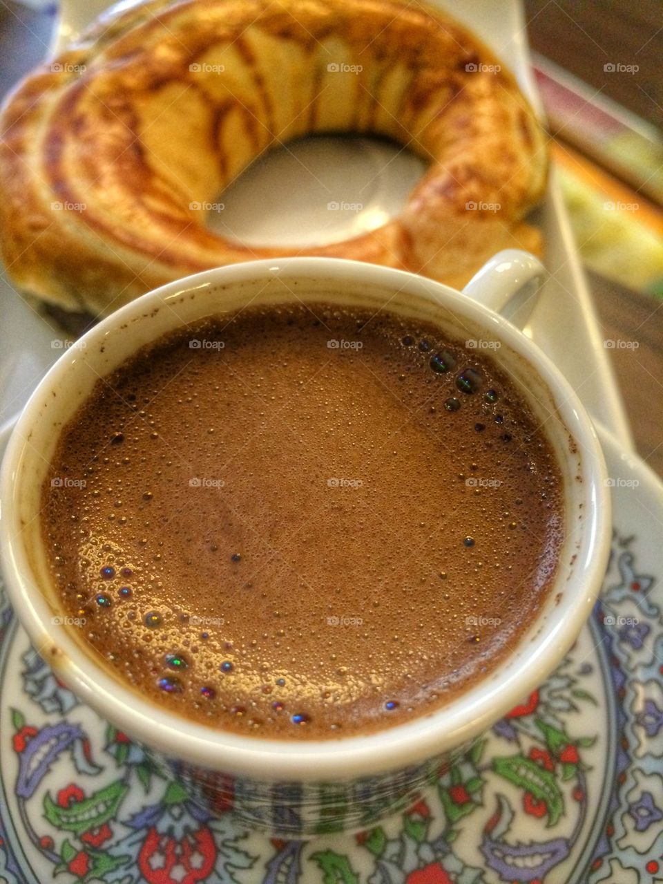 Turkish breakfast with coffee and donut