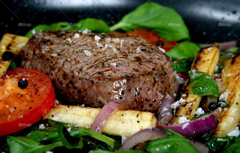 Charcoal grilled beef tray meals with full colour and flavor