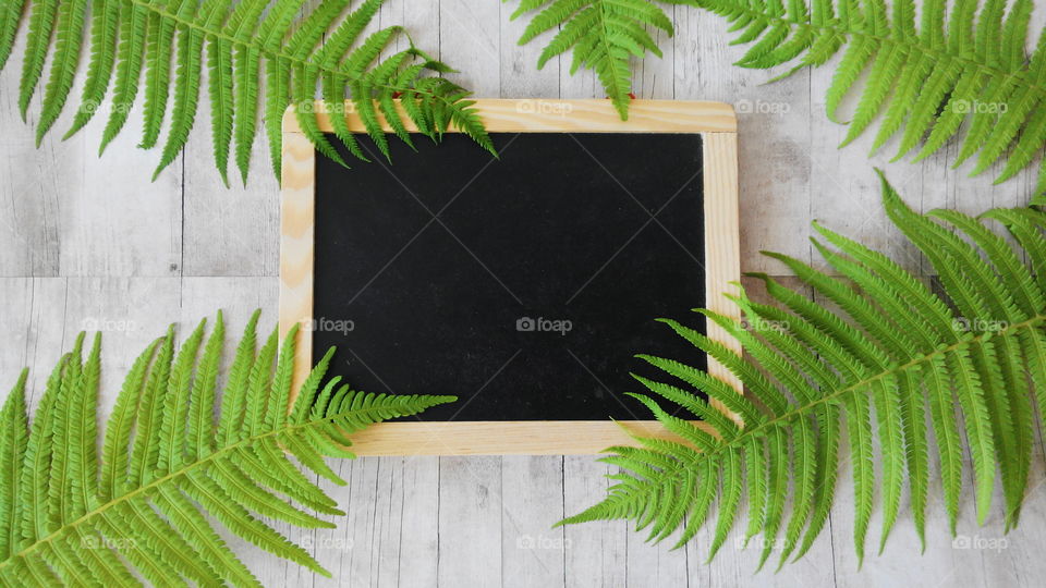 chalkboard on the wood background with green leaves
