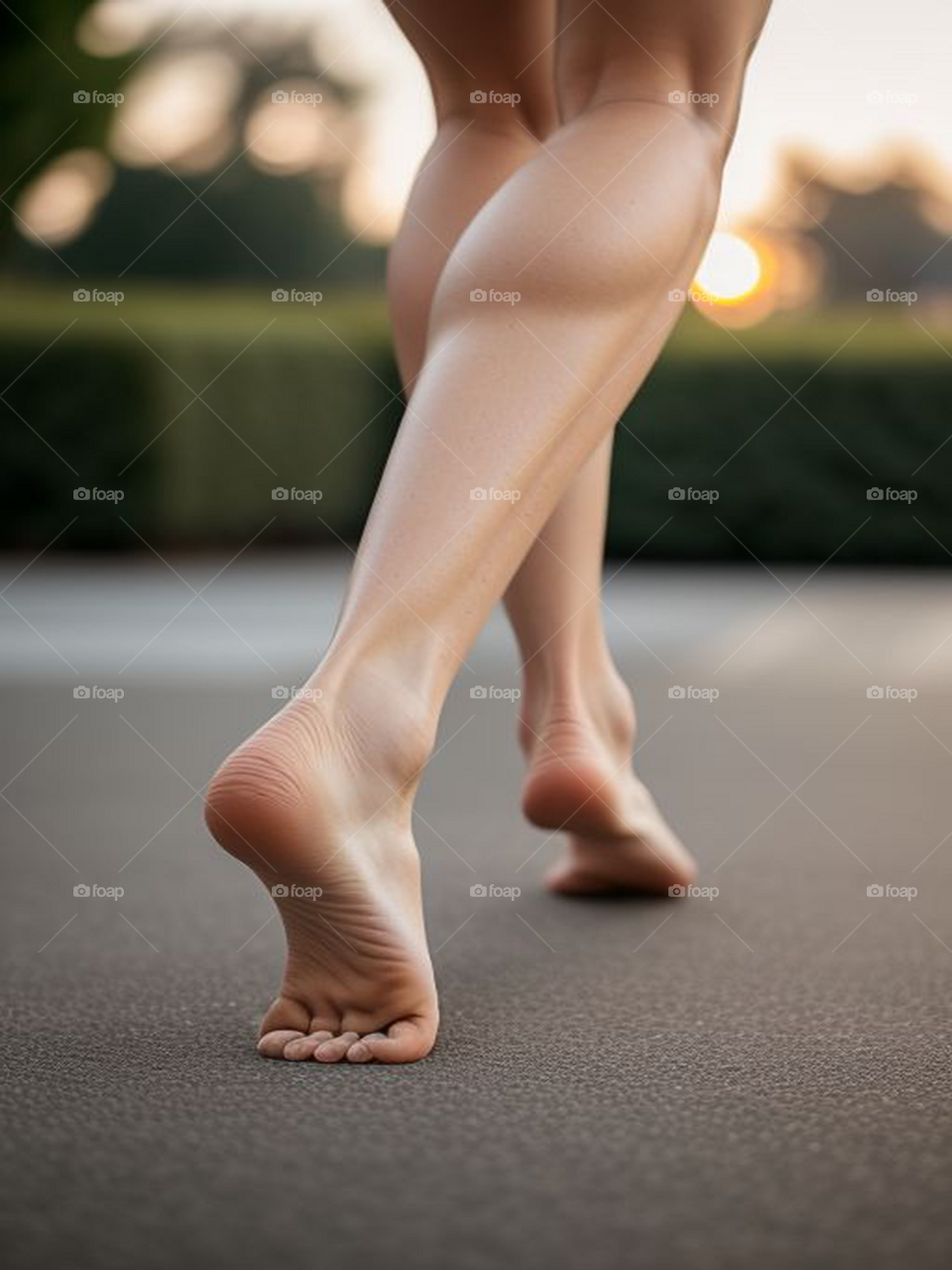 Barefoot feet walking in the asphalt