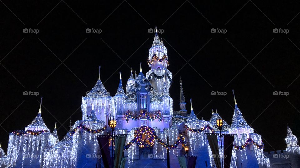 Disneyland California castle in the night during holiday season!!! What a magical sight to behold!