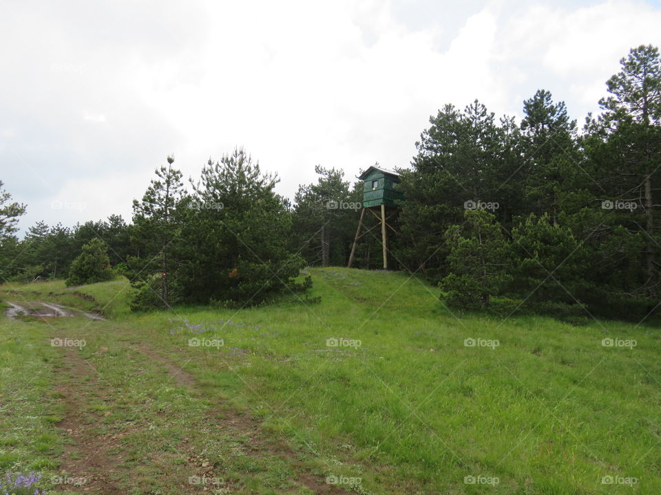 Mountain dirt trail passes by hunting  lodge