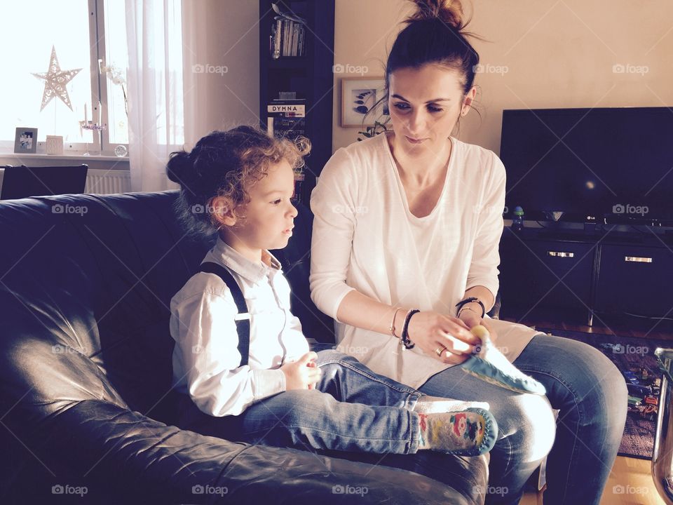 mother and Son on coach