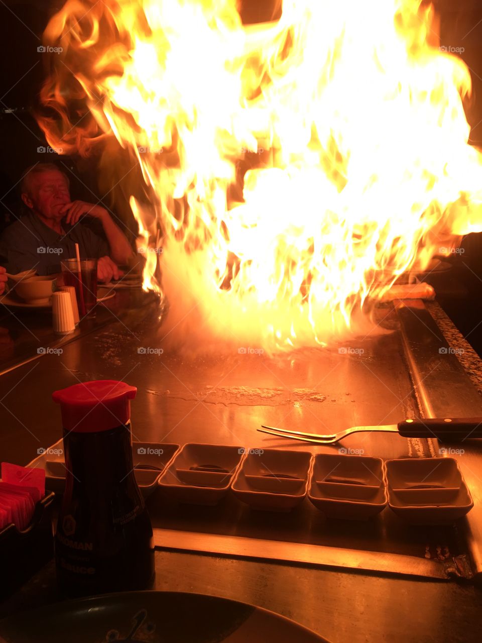 Fire at hibachi steakhouse restaurant Japanese food 
