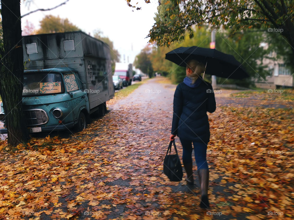Young woman with umbrella walking by autumn street will fallen leaves 