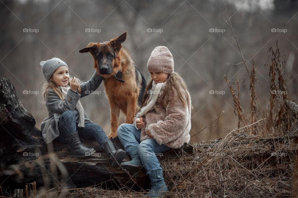 Little girl with German shepherd young male dog walking outdoor at spring day