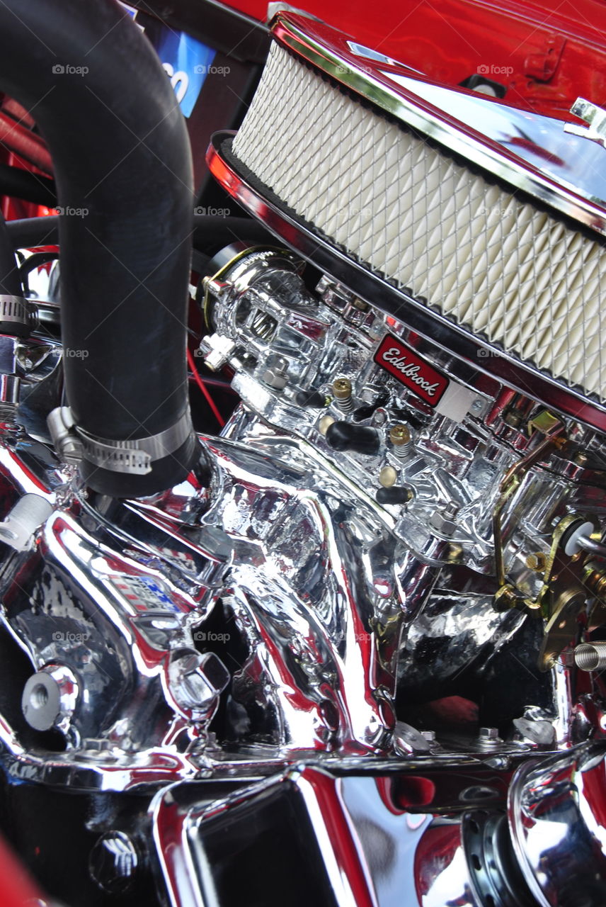Edelbrock. shiny big block in a chevy at a car show, I believe a Yeoman