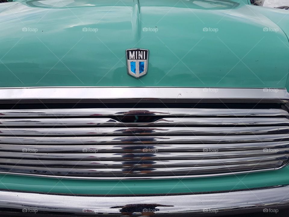 Bumper of Austin Mini Classic Vintage Car Turquoise