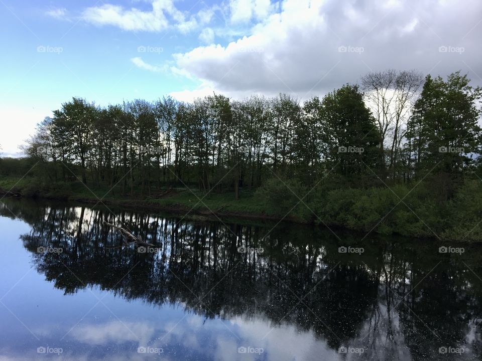 A line of trees along the riverbank where the weather is blue sky and sunny one minute and dark rain clouds the next 