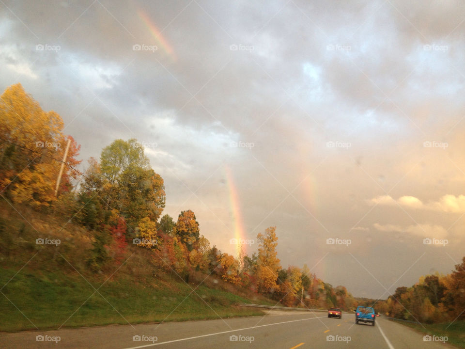 sky trees rainbow fall by vickikl3