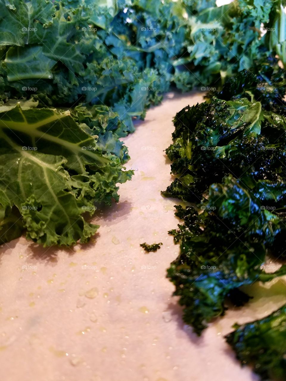 fresh kale alongside kale crispy chips, health food.