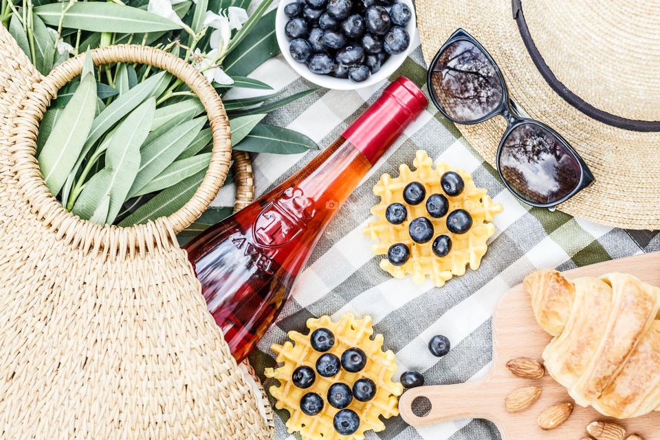 Flat lay of yummy summer food for picnic 