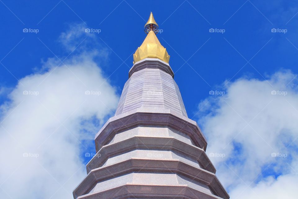 Pagoda against blue sky.