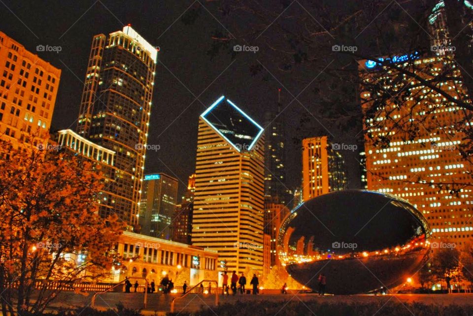 Gold Coast at night. Night lights reflected in the dark sky of skyscrapers and Chicago's Gold Coast