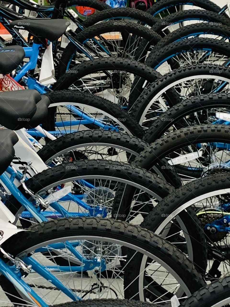 Bicycles are best - several new bicycle tires lined up waiting for riders