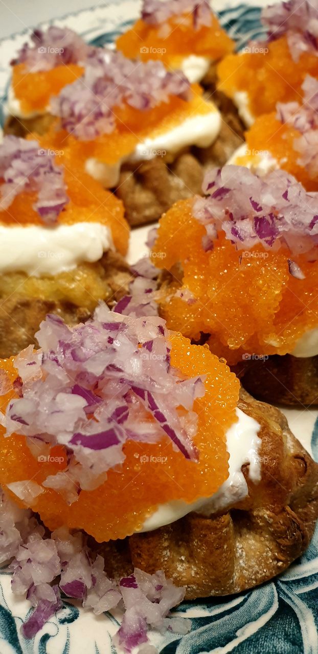 a plate of pasties with whitefish roe as starter.