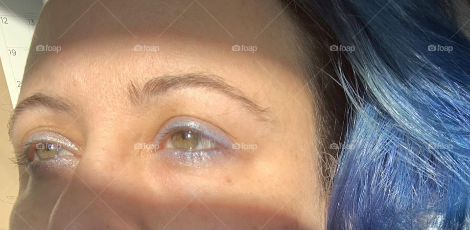 Eyes. Green eyes, olive skin, brown hair, freckles, blue eyeshadow, accents. Playtime. 