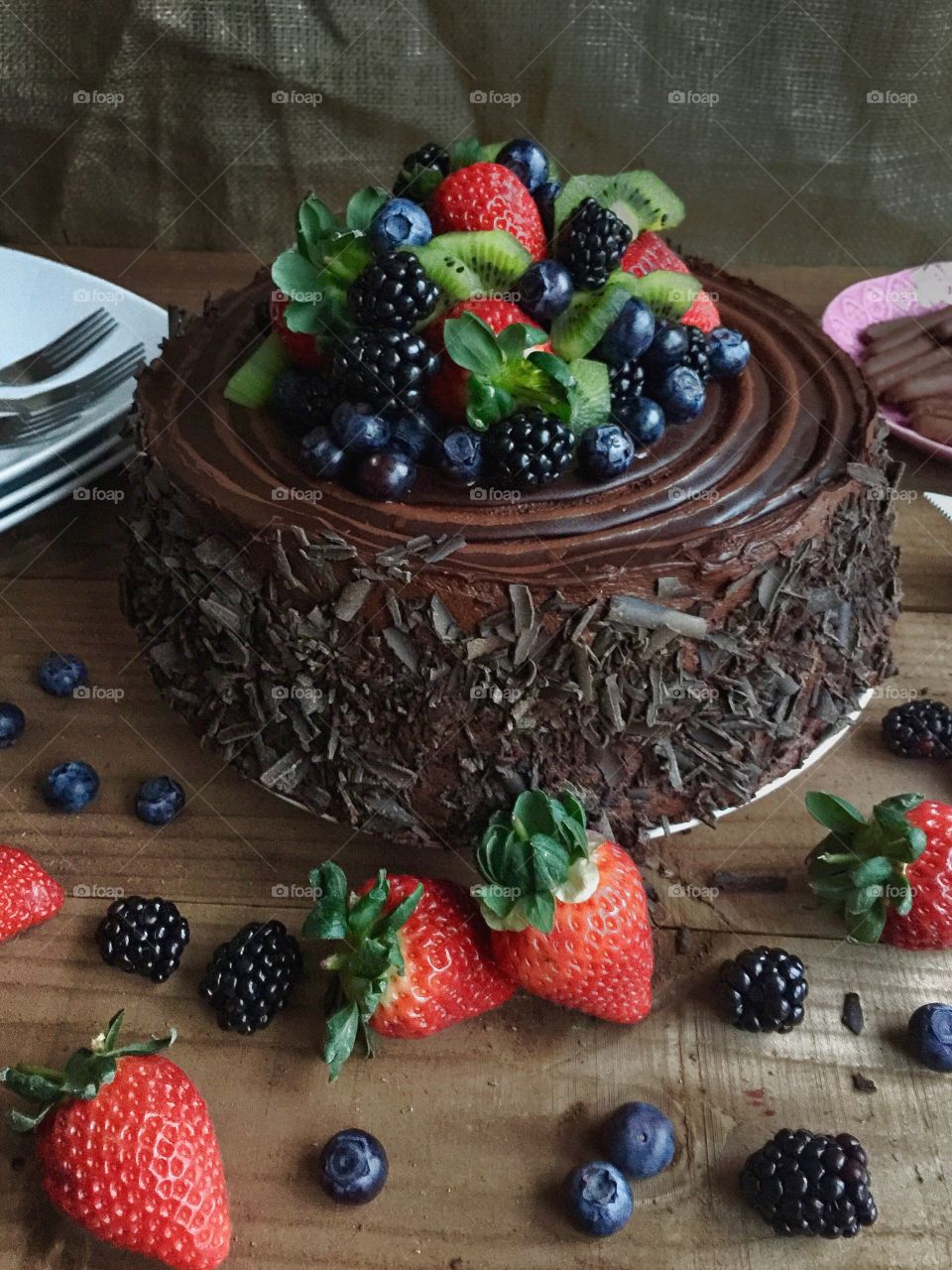 Chocolate cake and fresh fruits