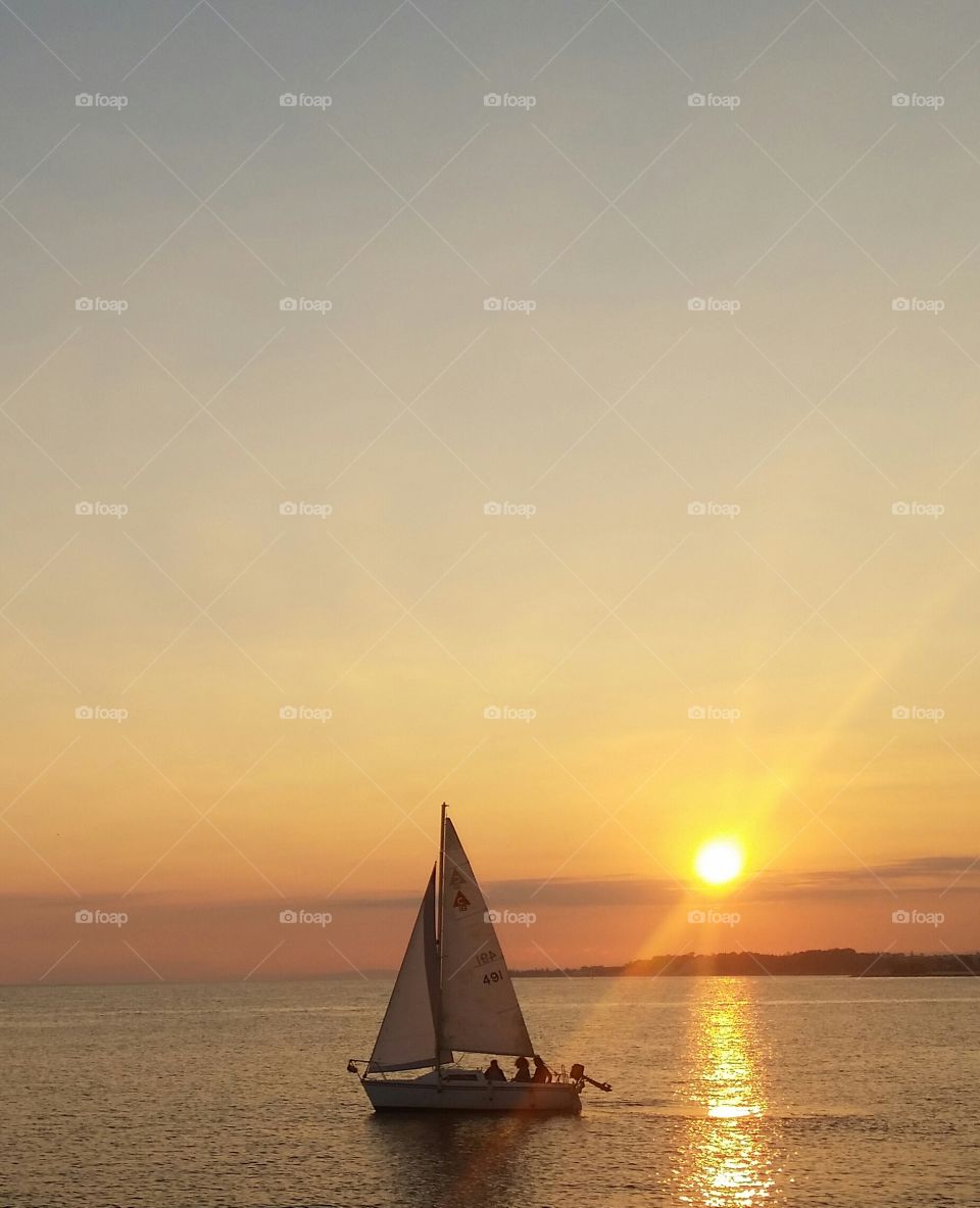 Sail boat in sea at sunset