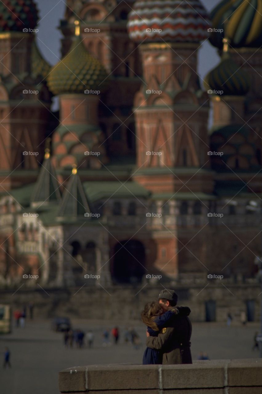 From Russia With Love. Romantic reunion between a Russian soldier and his girlfriend in Moscow's Red Square with The Cathedral of Vasily the Blessed (Saint Basil's Cathedral) in the background. One service a year is held in the Cathedral, in October.