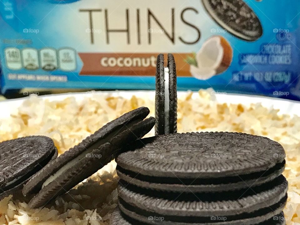 Coconut Oreo cookie thins with coconut shreds 