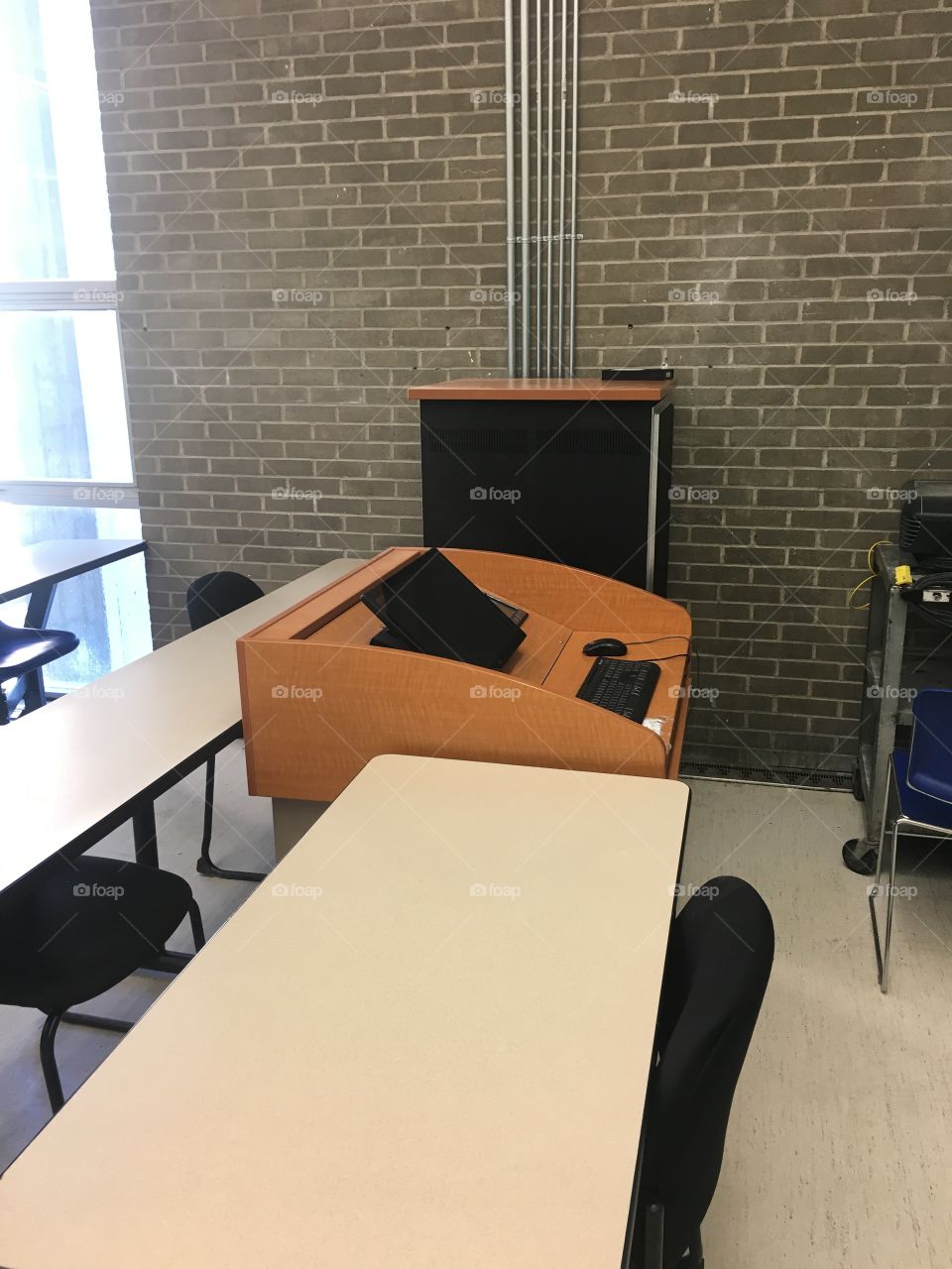 Teacher's station in an empty classroom