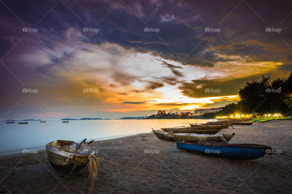 boat, sea, beach, sunset