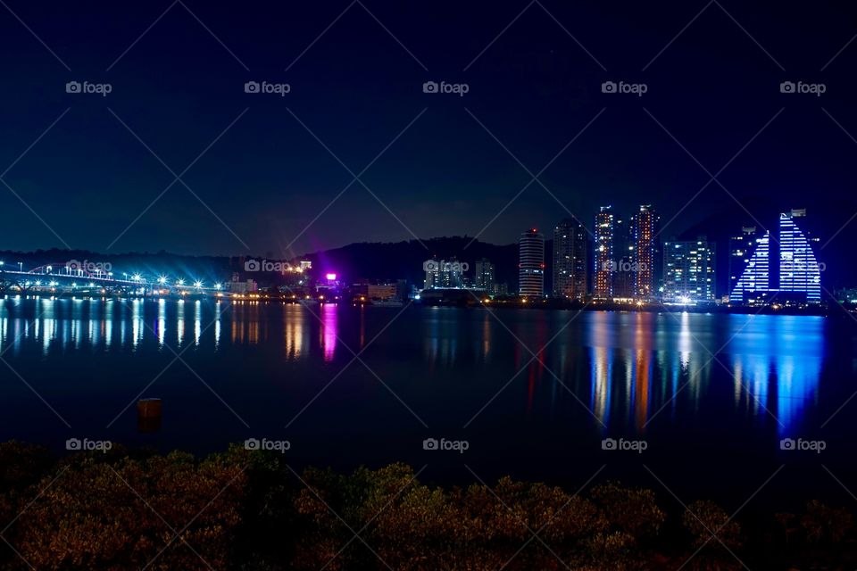 Tamsui river night lights reflections 